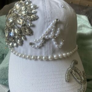 Embellished White Cap with Crystal Accents